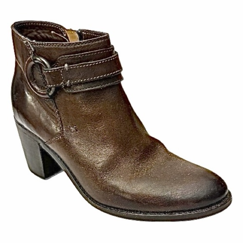 Frye Dark Brown Leather Ankle Booties with Buckle Strap
